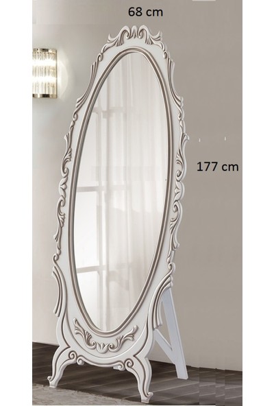 Hüma's Hümas Dekoratif Eskitme Beyaz Oymalı Ahşap Oval Ayaklı Boy Aynası 177 x 68 cm