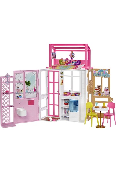 Barbie'nin Taşınabilir Portatif Evi, 2 Kat ve 4 Oyun Alanı, Yavru Köpek ve Aksesuarlar Dahil Mobilyalı Ev
