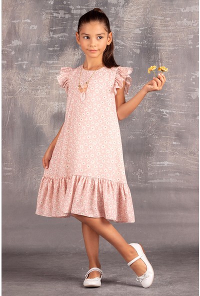 Tivido Çiçek Desenli Kolyeli Kız Çocuk Elbisesi