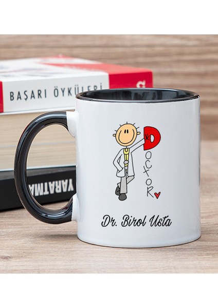 Kişiye Özel Doktor Karikatürü Siyah Kupa Bardak