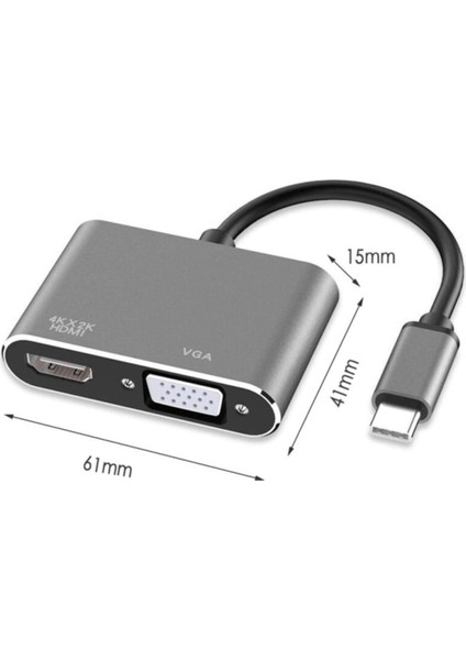 2in1 Type-C To Hdmı + VGA 4K Çevirici Adaptör