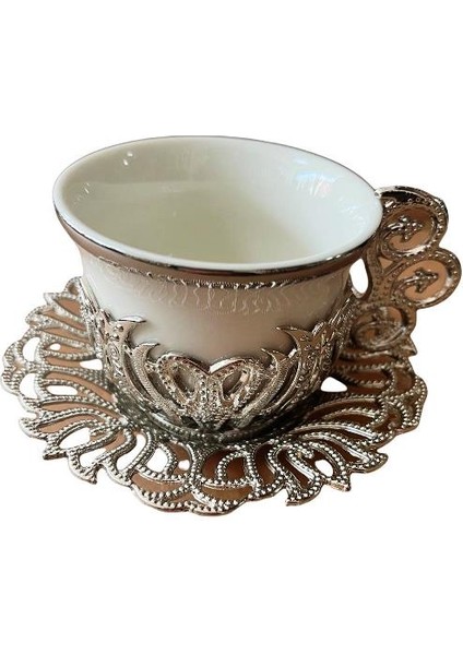 Türk Kahvesi Fincan Takımı 6 Kişilik Fincan Özel Desen Metal Döküm Hediyelik Gümüş Renk
