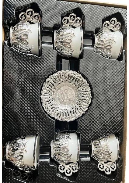 Türk Kahvesi Fincan Takımı 6 Kişilik Fincan Özel Desen Metal Döküm Hediyelik Gümüş Renk fiyatları
