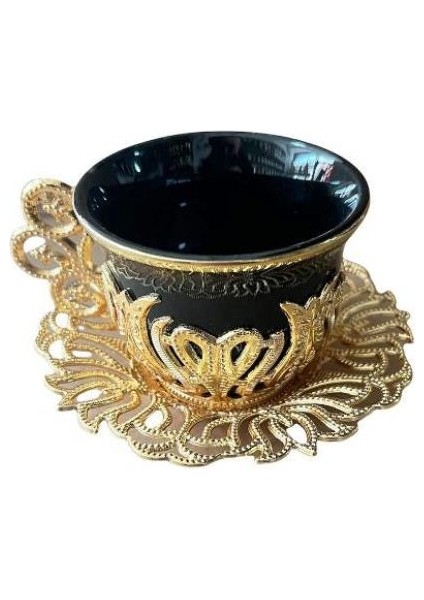 Türk Kahvesi Fincan Takımı 6 Kişilik Fincan Özel Desen Metal Döküm Hediyelik Sarı Siyah Renk