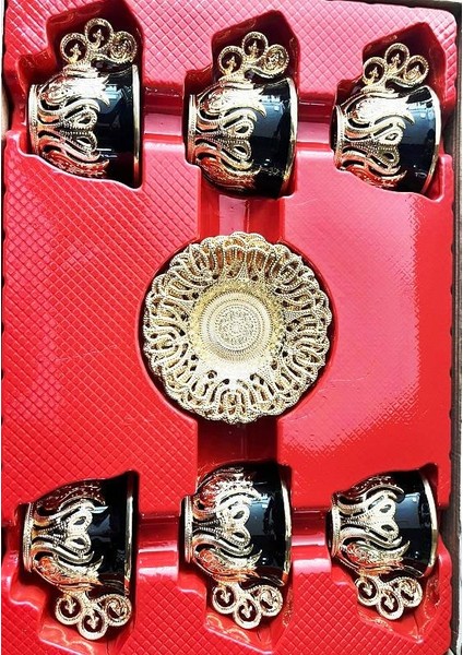Türk Kahvesi Fincan Takımı 6 Kişilik Fincan Özel Desen Metal Döküm Hediyelik Sarı Siyah Renk fiyatları