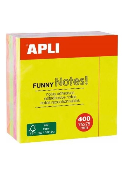 Apli 10974 Yapışkanlı Not Kağıdı 4`renk Funny 400 Yp 75X75 Neon Küp