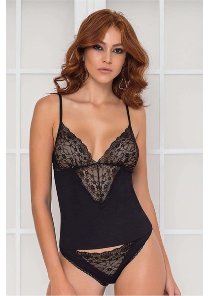 Kadın Dantelli Penye Atlet Külot / Kaşkorse Set - 345 Siyah (2 Adet)