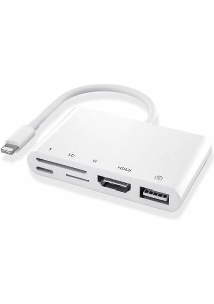 Polham Apple Ipad ve Iphone Için Lightning 5in1 Hdmı, Otg Usb, Tf, Sd Kart Okuyucu Adaptör Kablosu