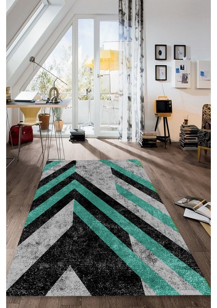 Turkuaz Geometrik Desenli Halı (Makinada Yıkanabilir Kaymaz Dot Taban) - CP1284