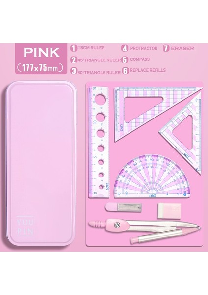 7'li Okul Için Geometrik Cetvel Çizim Seti - Pembe (Yurt Dışından) fiyatları