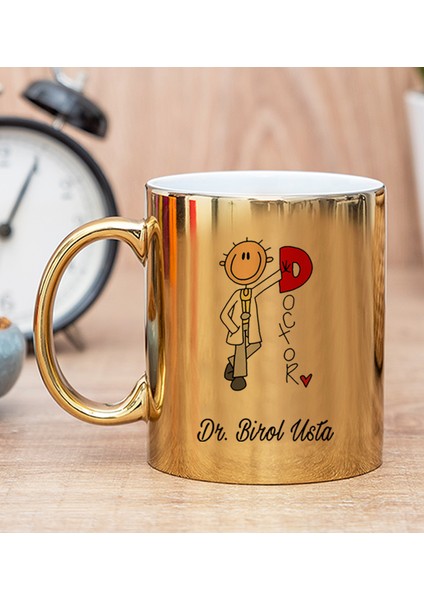 Kişiye Özel Doktor Karikatürü Gold Kupa Bardak