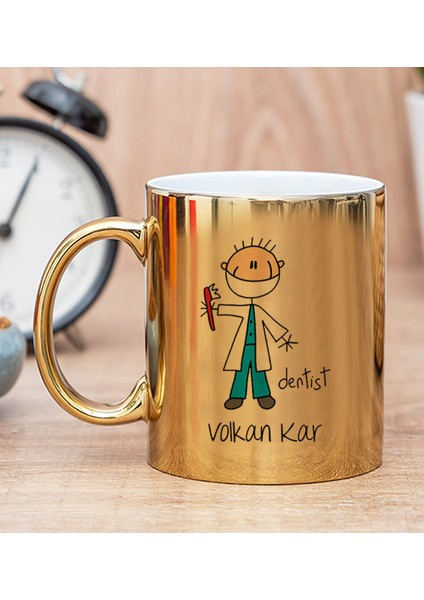 Kişiye Özel Erkek Diş Hekimi Karikatürü Gold Kupa Bardak