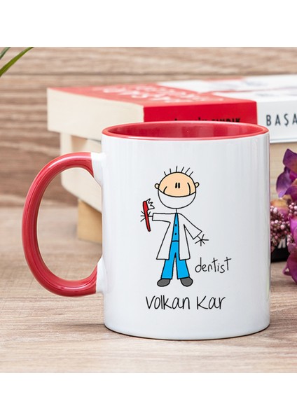 Kişiye Özel Erkek Diş Hekimi Karikatürü Kırmızı Kupa Bardak