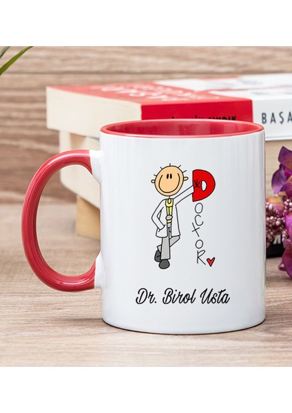 Kişiye Özel Doktor Karikatürü Kırmızı Kupa Bardak