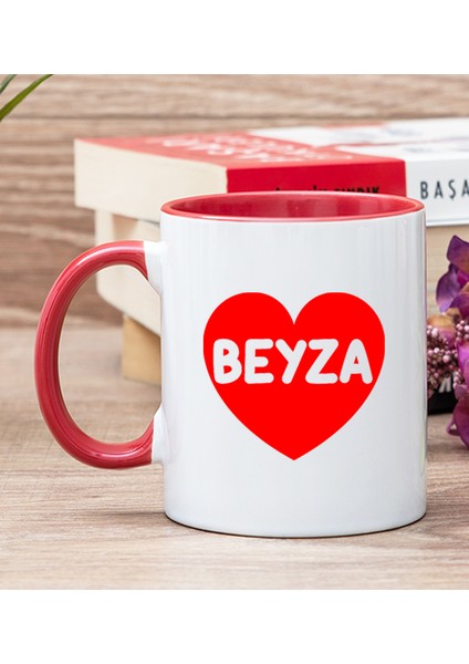 Kişiye Özel İsim Yazılı Kırmızı Kalpli Kırmızı Kupa Bardak