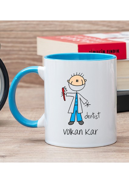 Kişiye Özel Erkek Diş Hekimi Karikatürü Mavi Kupa Bardak