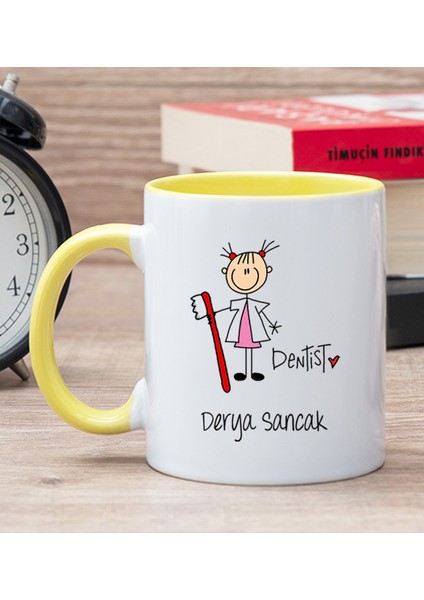 Kişiye Özel Bayan Diş Hekimi Karikatürü Sarı Kupa Bardak