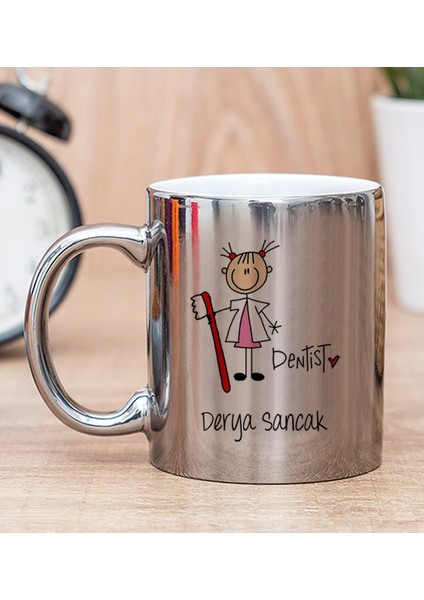 Kişiye Özel Bayan Diş Hekimi Karikatürü Silver Kupa Bardak