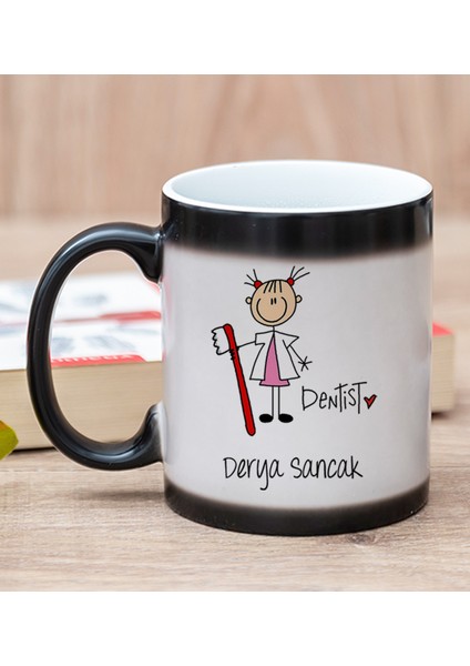 Kişiye Özel Bayan Diş Hekimi Karikatürü Sihirli Kupa Bardak