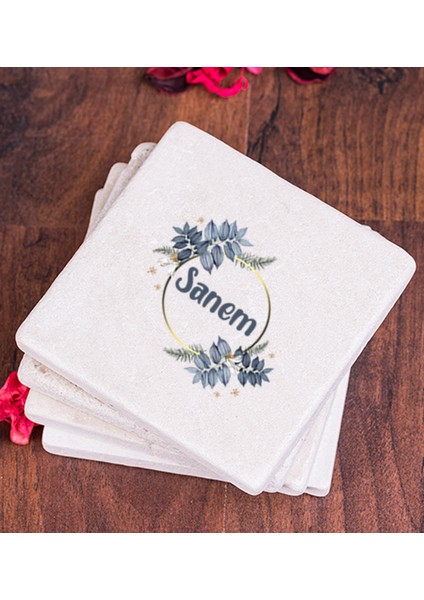 Kişiye Özel Çiçek Desenli Isme Özel Taş Bardak Altlığı