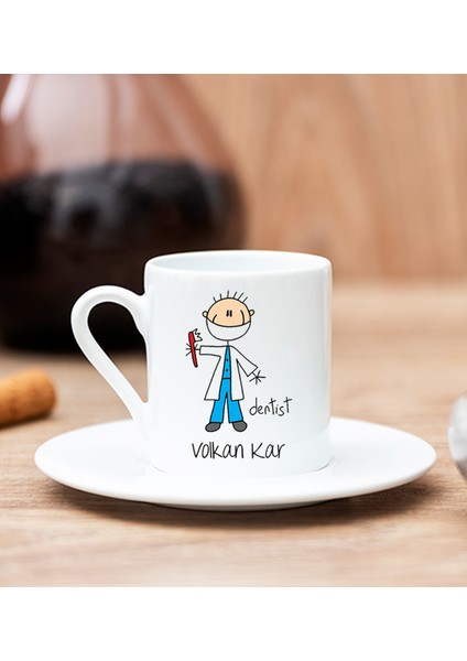 Kişiye Özel Erkek Diş Hekimi Karikatürü Beyaz Türk Kahvesi Fincanı