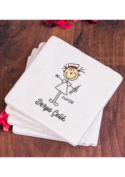 Kişiye Özel Hemşire Karikatürü Taş Bardak Altlığı