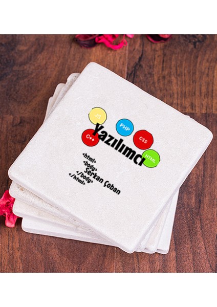 Kişiye Özel Yazılımcı Taş Bardak Altlığı