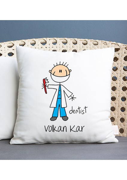 Kişiye Özel Erkek Diş Hekimi Karikatürü Kare Yastık