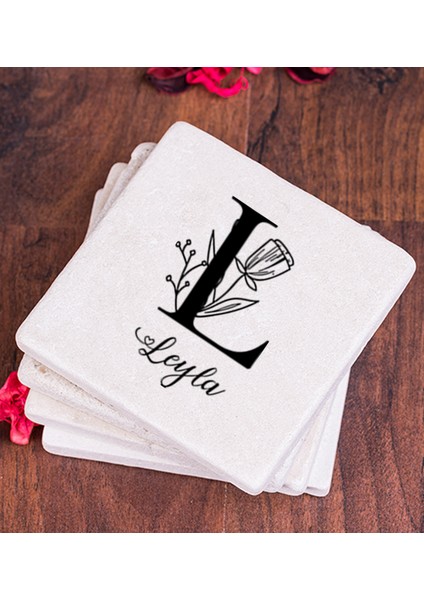 Kişiye Özel Baş Harfli Çiçek Tasarım Taş Bardak Altlığı