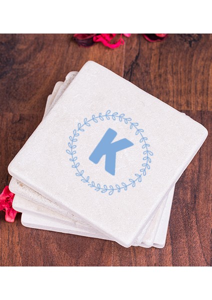 Kişiye Özel Mavi Renkli Baş Harf Tasarım Taş Bardak Altlığı