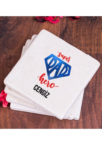Kişiye Özel Super Dad Babaya Hediye Taş Bardak Altlığı