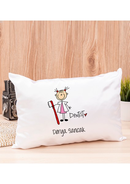 Kişiye Özel Bayan Diş Hekimi Karikatürü Dikdörtgen Yastık