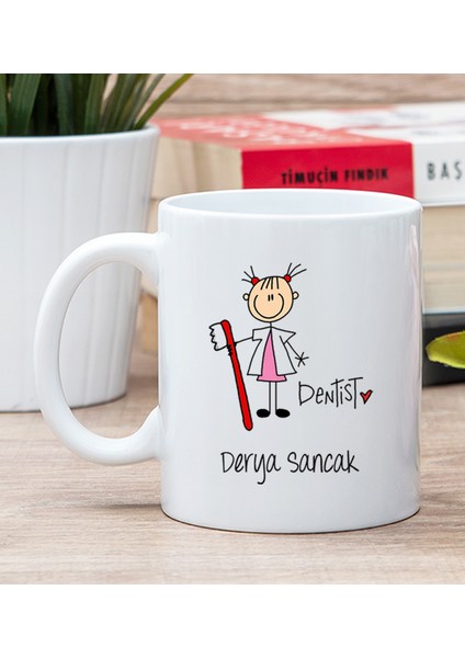 Kişiye Özel Bayan Diş Hekimi Karikatürü Beyaz Kupa Bardak