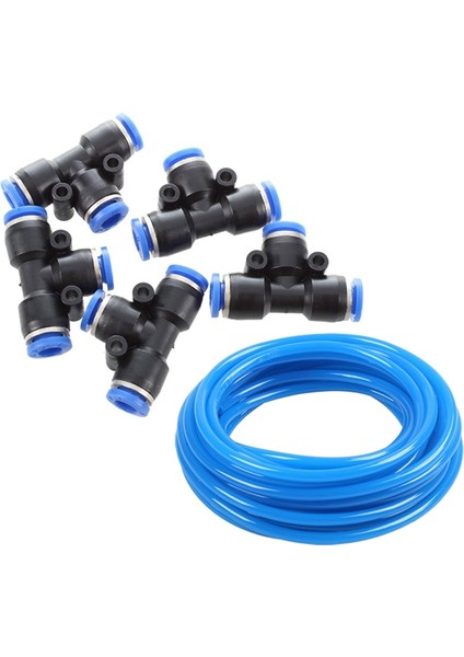 5 Adet 6mm - 6mm T Tarzı Tek Presli Bağlantı Elemanları Hızlı Bağlantılar ve 1x Poliüretan Pu Hava Kompresörü Hortum Tüpü 7 Metre 6mm x 4mm Kraliyet Mavisi