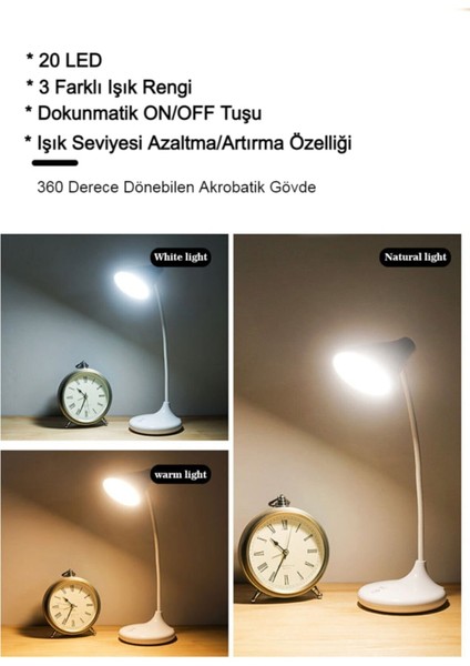 Şarzlı Dekoratif Ledli Esnek Kollu Masa Lambası Ders Çalışma Lambası Dimmer Özellikli 3 Farklı Renk Tonu