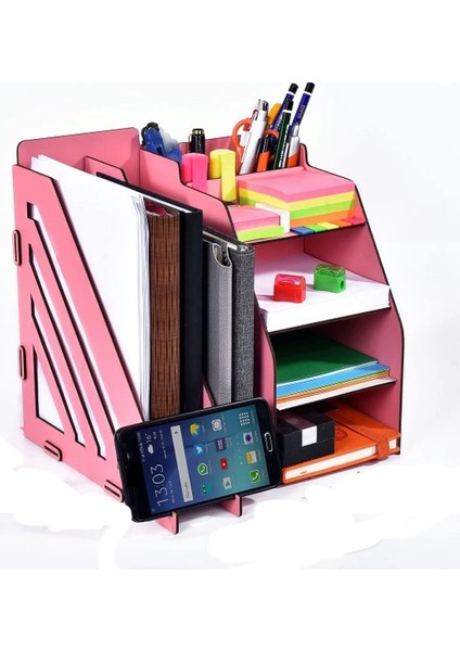 Evrak Rafı Ahşap Organizer Masa Üstü Düzenleyici Pembe
