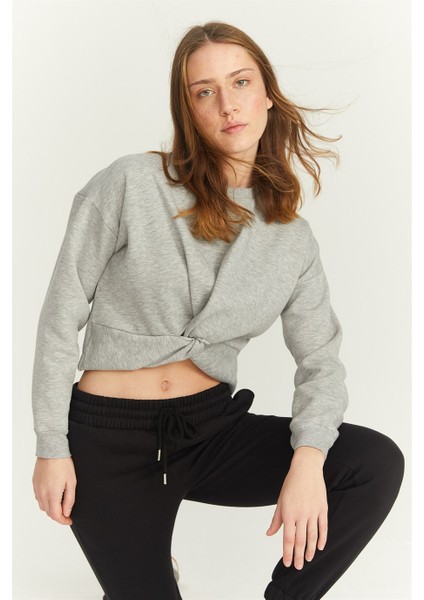 Gri Melanj Bisiklet Yaka Içi Polarlı Crop Örme Sweatshirt