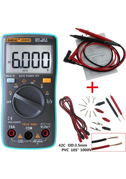 Yeni Araç Aneng AN8002 Dijital True Rms 6000 Sayımlar Multimetre Ac/dc Akım Gerilim Frekans Direnç Sıcaklık Test Cihazı ℃/℉ + Test Ucu Seti modelleri