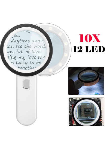 12 LED 10X Işıklı El Büyüteç Büyüteç Okuma Cam Lens Takı Büyüteç fırsatları