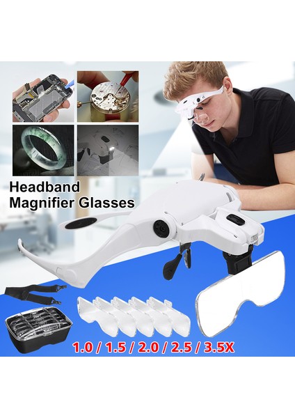 1.0 / 1.5 / 2.0 / 2.5 / 3.5x Büyütme 2 LED Işık Kafa Bandı Büyüteç Gözlük Eller Serbest Başa Monte Büyüteç Gözlük USB Şarj