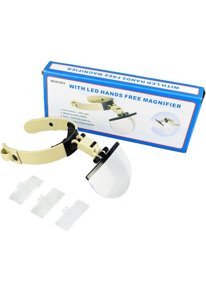 MG81003 1.2x 3.8x 4.5x 5.5x LED Eller Serbest Büyüteç Kask Büyüteç Büyüteç Lambalı 4 Lens Için Saat Takı Onarım Okuma -
