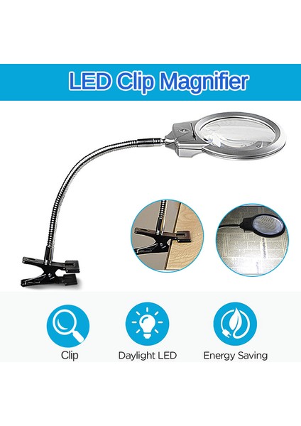 LED Işıklı Klip Tipi Metal Masaüstü Okuma Tanımlama Büyüteç 2.25X / 5x Büyüteç Esnek Metal(Yurt Dışından)