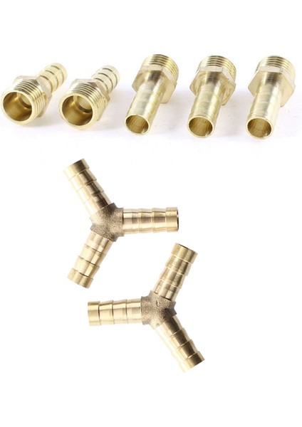 2 x Pirinç Y Stili 3 Yollu Hortum Dikenli Konnektörler Adaptörler, 5 Adet 1/4 Inç Pt Erkek Konu ile 8mm Boru Için 8mm Hortum Dikenli Pirinç Düz Kaplin Bağlantısı