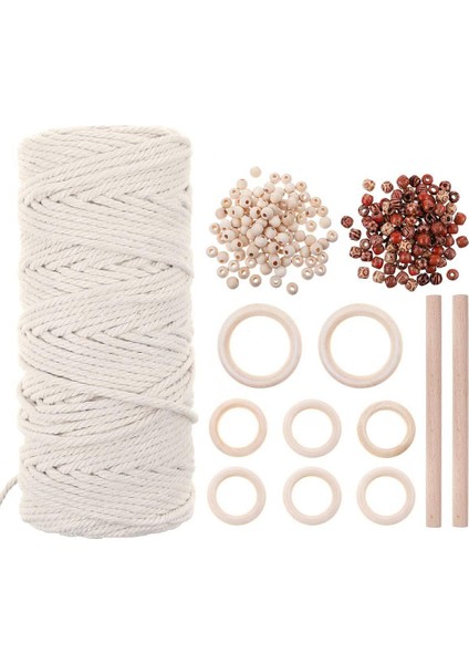 Doğal Makrome Kordon 3mm Pamuk Kordon ile 8 Adet Ahşap Halka ve Dıy Craft Bitki Askıları Örgü Için 2 Ahşap Sopa