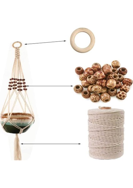 Doğal Makrome Kordon 3mm Pamuk Kordon ile 8 Adet Ahşap Halka ve Dıy Craft Bitki Askıları Örgü Için 2 Ahşap Sopa
