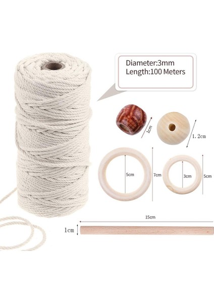 Doğal Makrome Kordon 3mm Pamuk Kordon ile 8 Adet Ahşap Halka ve Dıy Craft Bitki Askıları Örgü Için 2 Ahşap Sopa