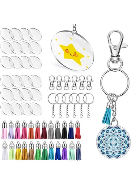 Akrilik Şeffaf Daire Diskler Kendin Yap Projeleri ve El Sanatları Için Şeffaf Akrilik Anahtarlık Boşlukları ve T El Kolye Anahtarlık Seti