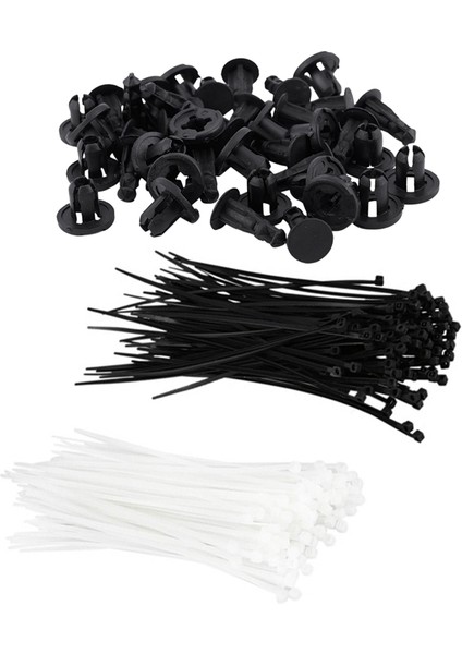 200 Adet 6 Inç Siyah Beyaz Naylon Kablo Bağları ve 20 Adet Perçin Siyah Plastik Itmeli Bağlantı Elemanları 8 x 14 x 16MM