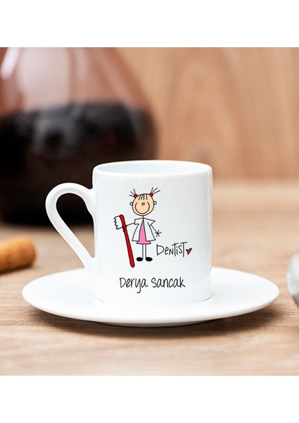Kişiye Özel Bayan Diş Hekimi Karikatürü Beyaz Türk Kahvesi Fincanı