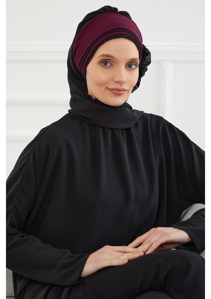 Çift Renkli Tasarım Şifon Hazır Türban Siyah - Mürdüm Ht-86